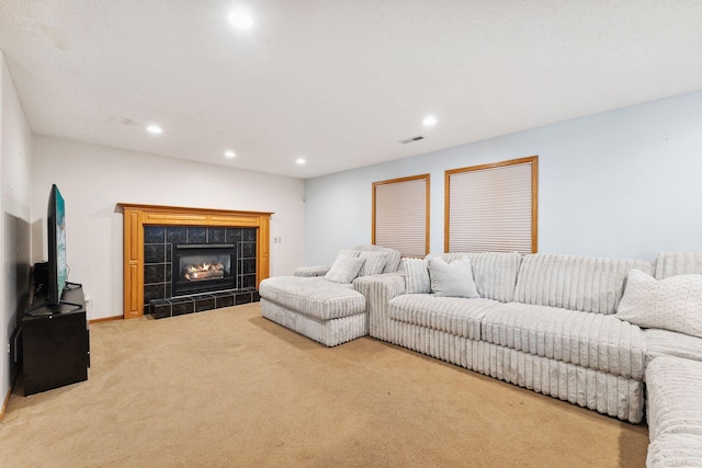 9055 Regent Pkwy, Brooklyn Park, MN 55443 - living area featuring recessed lighting, carpet floors, and a fireplace