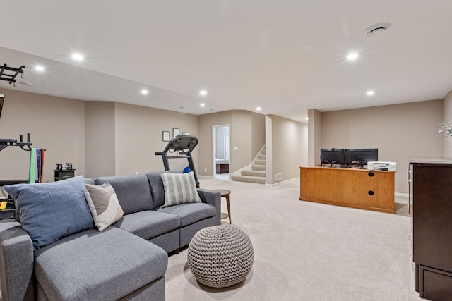 5053 Sunstream Ln, Woodbury, MN 55129 - living area with recessed lighting, light colored carpet, and stairs