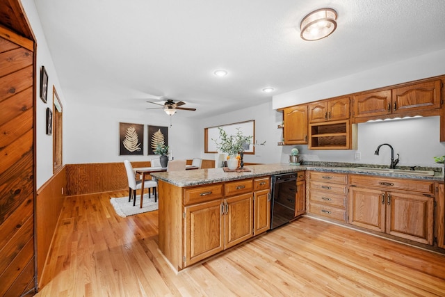 13326 Mallard Dr SE, Becker Twp, MN 55308 - kitchen featuring dishwasher, a peninsula, light wood finished floors, brown cabinets, and recessed lighting