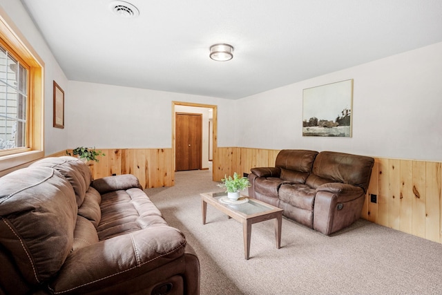 13326 Mallard Dr SE, Becker Twp, MN 55308 - living area with wood walls, carpet flooring, and wainscoting