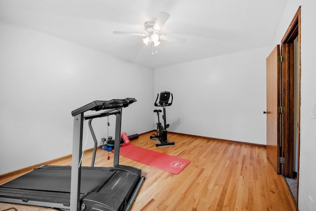 13326 Mallard Dr SE, Becker Twp, MN 55308 - exercise area featuring a ceiling fan and light wood-type flooring