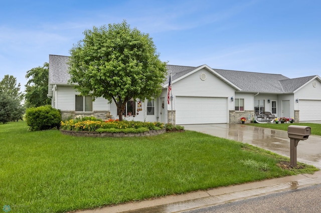1403 2nd Ave NE, Barnesville, MN 56514 - view of front of property featuring an attached garage, a shingled roof, a front lawn, concrete driveway, and stone siding