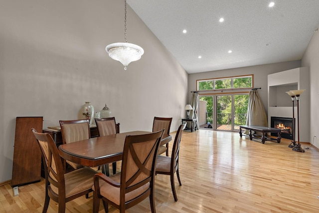 4543 Bloomberg Cir, Inver Grove Heights, MN 55076 - dining space featuring high vaulted ceiling, a glass covered fireplace, recessed lighting, and light wood-style flooring