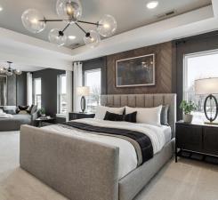 14560 106th Pl N, Maple Grove, MN 55369 - bedroom featuring a chandelier, a tray ceiling, light colored carpet, and recessed lighting