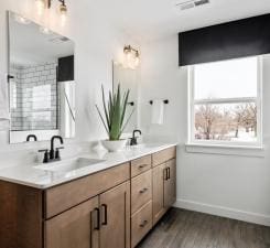 14560 106th Pl N, Maple Grove, MN 55369 - bathroom featuring double vanity, wood finished floors, and a shower