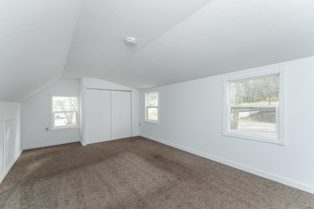 4163 Horseshoe Ct NE, Haverhill Twp, MN 55906 - additional living space featuring vaulted ceiling, carpet floors, healthy amount of natural light, and a textured ceiling