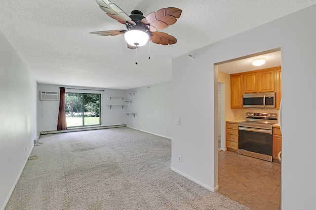 5643 Green Circle Dr Unit 107, Minnetonka, MN 55343 - unfurnished living room featuring baseboard heating, a textured ceiling, a ceiling fan, a wall mounted AC, and light carpet