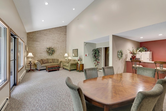 5643 Green Circle Dr Unit 107, Minnetonka, MN 55343 - carpeted dining room with a baseboard radiator, high vaulted ceiling, and recessed lighting
