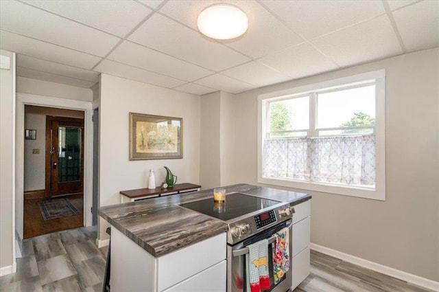 2014 5th St, Superior, WI 54880 - kitchen featuring stainless steel electric range, a drop ceiling, white cabinetry, light wood finished floors, and dark countertops