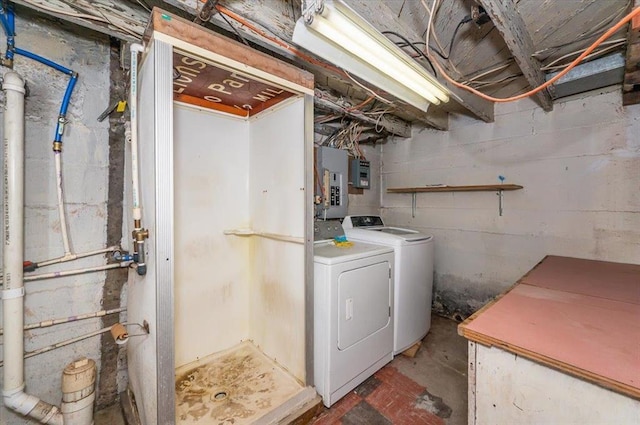 2014 5th St, Superior, WI 54880 - unfinished basement featuring washing machine and dryer and electric panel