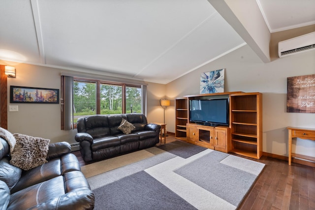 3661 Riley Rd, Rice Lake Twp, MN 55803 - living area with dark wood-type flooring, vaulted ceiling, a wall mounted AC, ornamental molding, and baseboard heating