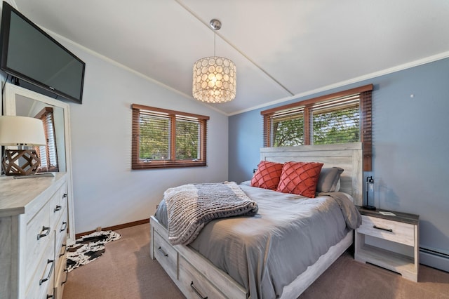 3661 Riley Rd, Rice Lake Twp, MN 55803 - bedroom with lofted ceiling, carpet floors, multiple windows, crown molding, and a chandelier