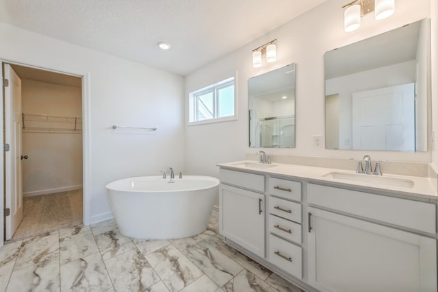 2550 Downing Ave, Shakopee, MN 55379 - bathroom with double vanity, marble finish floors, a spacious closet, and a freestanding tub