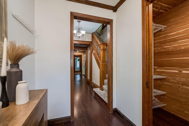 433 S Ave, North Mankato, MN 56003 - corridor featuring stairs, wood finished floors, crown molding, wooden walls, and a chandelier