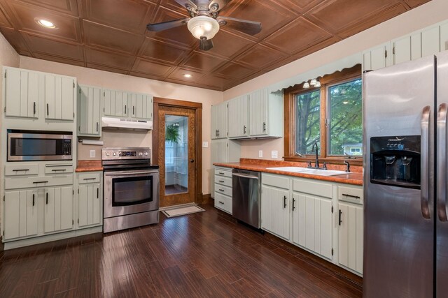 433 S Ave, North Mankato, MN 56003 - kitchen with appliances with stainless steel finishes, under cabinet range hood, an ornate ceiling, dark wood-style flooring, and ceiling fan