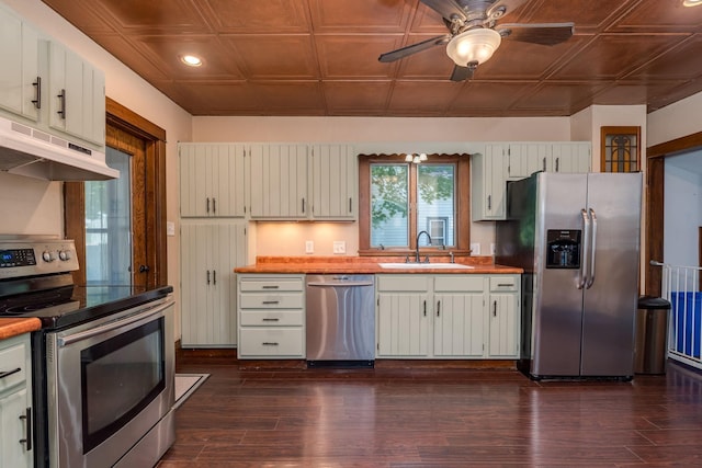 433 S Ave, North Mankato, MN 56003 - kitchen featuring appliances with stainless steel finishes, under cabinet range hood, an ornate ceiling, a ceiling fan, and dark wood-style floors