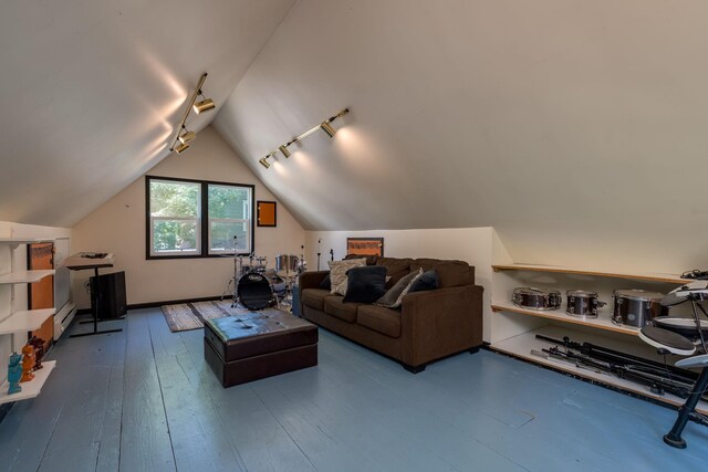 433 S Ave, North Mankato, MN 56003 - living area featuring vaulted ceiling, hardwood / wood-style flooring, and a baseboard radiator