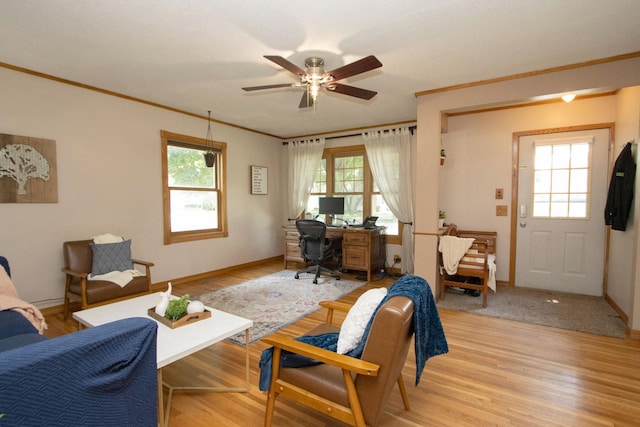 624 Garfield Ave, North Mankato, MN 56003 - home office with ornamental molding, light wood-style floors, and ceiling fan