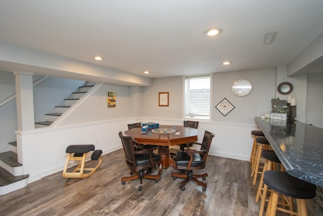624 Garfield Ave, North Mankato, MN 56003 - dining room featuring wainscoting, stairway, wood finished floors, and recessed lighting