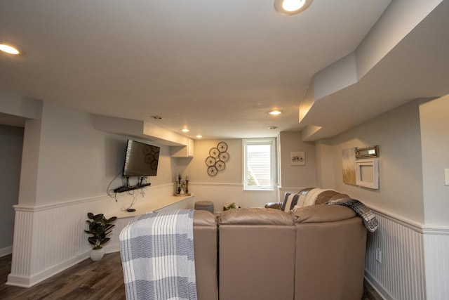 624 Garfield Ave, North Mankato, MN 56003 - living room with dark wood-type flooring, wainscoting, and recessed lighting