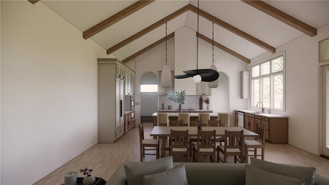 13975 27th St N, West Lakeland Twp, MN 55082 - dining area with high vaulted ceiling, beam ceiling, and light wood-style flooring