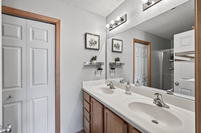 13433 Brick Path, Rosemount, MN 55068 - bathroom featuring a textured ceiling, double vanity, a shower stall, and a closet