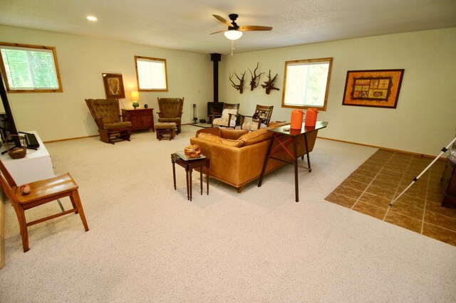 11715 Sorenson Lake Rd, Merrifield, MN 56465 - living room featuring a wood stove, ceiling fan, carpet floors, and recessed lighting