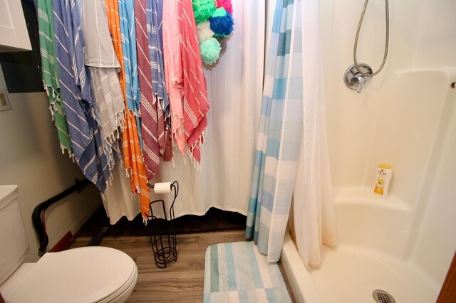 11715 Sorenson Lake Rd, Merrifield, MN 56465 - full bathroom featuring wood finished floors and shower / bathtub combination with curtain