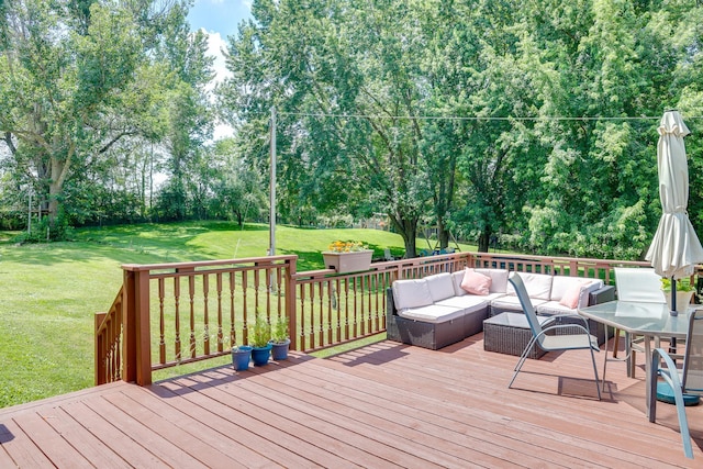 7771 Odean Ave NE, Otsego, MN 55330 - wooden deck featuring outdoor lounge area, a yard, and view of scattered trees