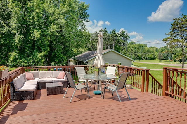 7771 Odean Ave NE, Otsego, MN 55330 - deck with an outdoor living space, outdoor dining area, view of wooded area, and a lawn