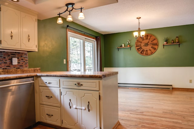 7771 Odean Ave NE, Otsego, MN 55330 - kitchen featuring stainless steel dishwasher, a baseboard radiator, white cabinets, wood finished floors, and a peninsula