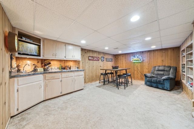 1073 Allen Ave W, Saint Paul, MN 55118 - bar with light carpet, wood walls, a drop ceiling, and recessed lighting