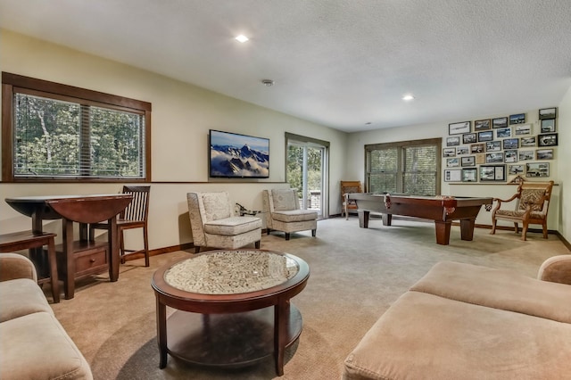 860 Prairie Meadows Dr, Hudson, WI 54016 - living area with billiards, light carpet, recessed lighting, and a textured ceiling