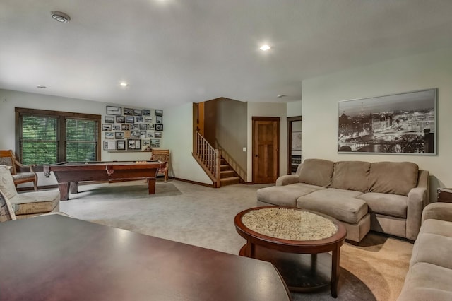 860 Prairie Meadows Dr, Hudson, WI 54016 - carpeted living area with pool table, stairs, and recessed lighting