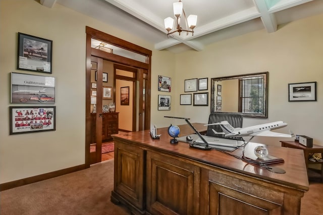 860 Prairie Meadows Dr, Hudson, WI 54016 - office space with dark carpet, a chandelier, beam ceiling, and coffered ceiling