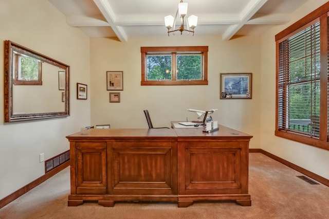 860 Prairie Meadows Dr, Hudson, WI 54016 - office area featuring coffered ceiling, light colored carpet, a chandelier, beamed ceiling, and plenty of natural light