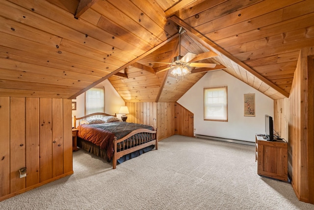 5924 10th Ave S, Minneapolis, MN 55417 - bedroom featuring a baseboard radiator, wood ceiling, light carpet, lofted ceiling, and wood walls