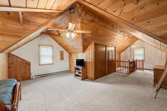 5924 10th Ave S, Minneapolis, MN 55417 - additional living space featuring a baseboard heating unit, wooden ceiling, light colored carpet, vaulted ceiling, and a ceiling fan