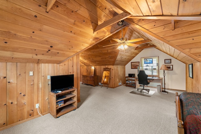 5924 10th Ave S, Minneapolis, MN 55417 - unfurnished office featuring wood ceiling, wooden walls, carpet floors, and vaulted ceiling