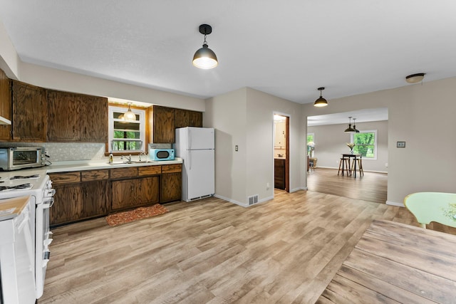 27900 Old Towne Rd, Chisago City, MN 55013 - kitchen featuring white appliances, light wood-type flooring, light countertops, and healthy amount of natural light