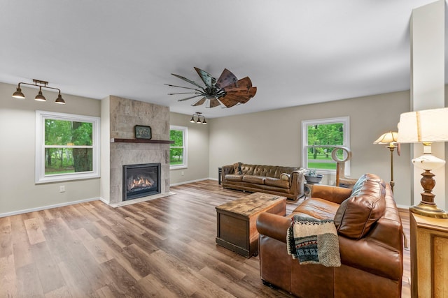 27900 Old Towne Rd, Chisago City, MN 55013 - living area with plenty of natural light, wood finished floors, a fireplace, and a ceiling fan