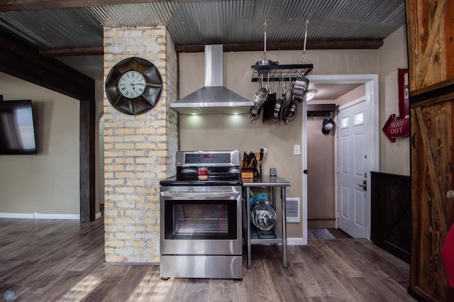 1514 1st Ave S, Fargo, ND 58103 - kitchen featuring stainless steel electric range, wall chimney range hood, and wood finished floors