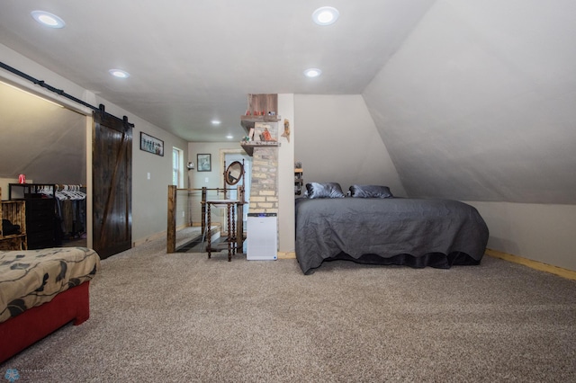 1514 1st Ave S, Fargo, ND 58103 - carpeted bedroom with a barn door, recessed lighting, and lofted ceiling