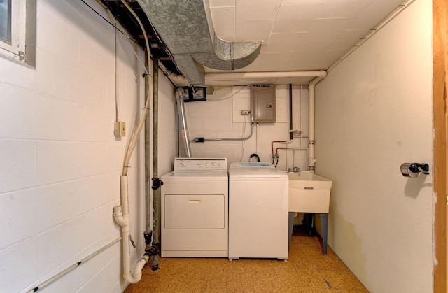 1636 9th Ave NE, Rochester, MN 55906 - laundry room featuring electric panel, washing machine and dryer, light floors, and concrete block wall