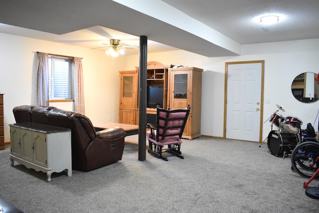 16014 240th St, Cold Spring, MN 56320 - carpeted living room featuring ceiling fan and a textured ceiling