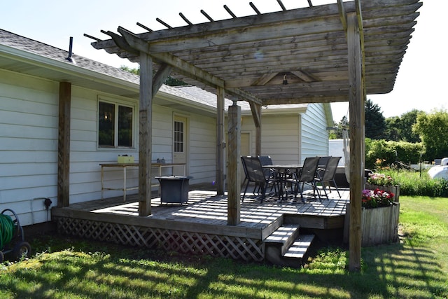 16014 240th St, Cold Spring, MN 56320 - wooden terrace featuring a pergola, a lawn, and outdoor dining area