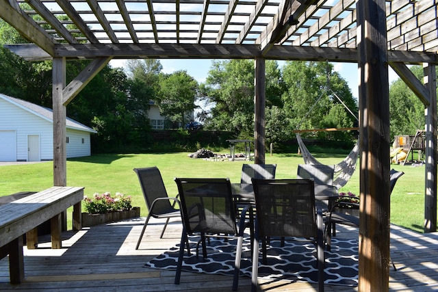16014 240th St, Cold Spring, MN 56320 - deck featuring outdoor dining area, a pergola, and a lawn
