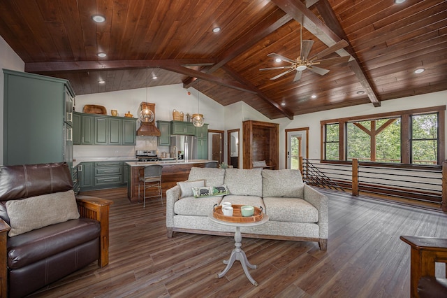 2018 County 5 NW, Hackensack, MN 56452 - living area featuring dark wood finished floors, wood ceiling, recessed lighting, and ceiling fan