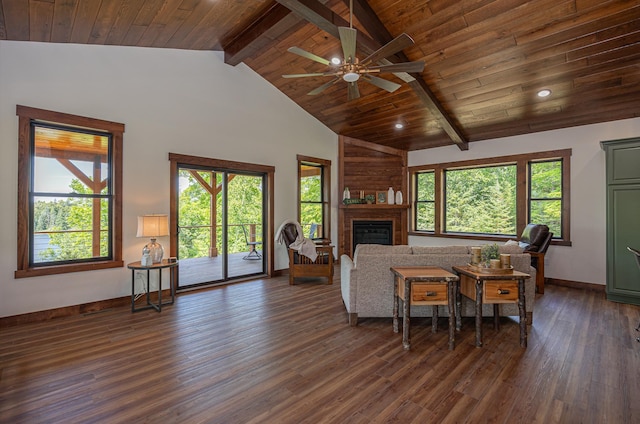 2018 County 5 NW, Hackensack, MN 56452 - living area with a ceiling fan, plenty of natural light, a glass covered fireplace, dark wood finished floors, and wooden ceiling
