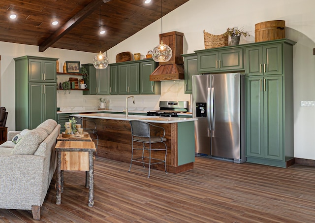 2018 County 5 NW, Hackensack, MN 56452 - kitchen with stainless steel appliances, green cabinets, light countertops, wooden ceiling, and recessed lighting